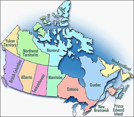 Rozdělení Kanada na deset provincií a tři teritoria